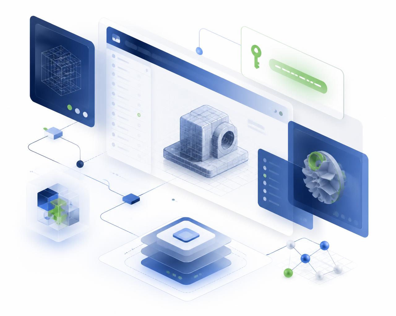 Abstract illustration of a software ecosystem with licensing, CAD and 3D rendering workflows